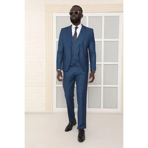 Dewsa Plus Mono Yaka Tek Düğme Çift Yırtmaç Yelekli Slim Fit Düz Mavi Takım Elbise