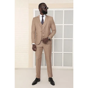 Dewsa Plus Mono Yaka Tek Düğme Çift Yırtmaç Yelekli Slim Fit Düz Bej Takım Elbise