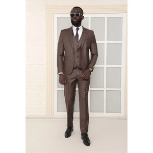 Dewsa Plus Mono Yaka Tek Düğme Çift Yırtmaç Yelekli Slim Fit Düz Kahverengi Takım Elbise