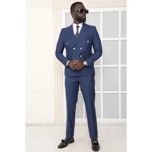 Dewsa Plus Sivri Yaka Metal Düğmeli Çift Yırtmaç Slim Fit Düz Indigo Kruvaze Takım Elbise