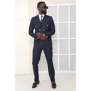 Dewsa Plus Sivri Yaka Metal Düğmeli Çift Yırtmaç Slim Fit Düz Koyu Lacivert Kruvaze Takım Elbise
