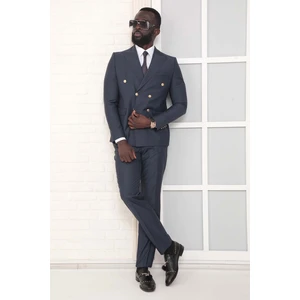 Dewsa Plus Sivri Yaka Metal Düğmeli Çift Yırtmaç Slim Fit Düz Lacivert Kruvaze Takım Elbise