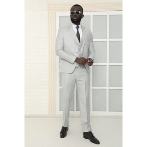 Dewsa Plus Mono Yaka Tek Düğme Çift Yırtmaç Yelekli Slim Fit Düz Açık Gri Takım Elbise