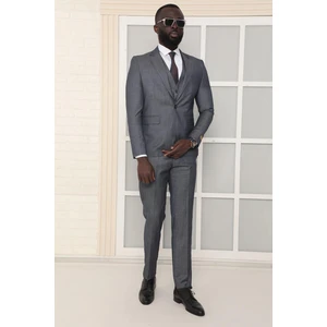 Dewsa Plus Mono Yaka Tek Düğme Çift Yırtmaç Yelekli Slim Fit Düz Gri Takım Elbise