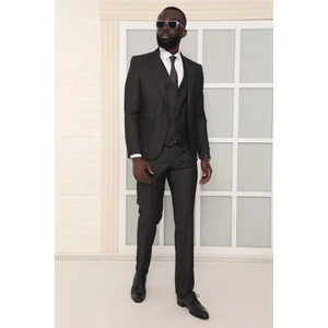 Dewsa Plus Mono Yaka Tek Düğme Çift Yırtmaç Yelekli Slim Fit Düz Siyah Takım Elbise