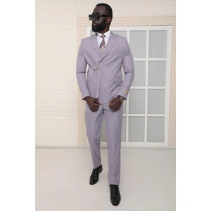 Dewsa Plus Sivri Yaka Kuşak Kapamalı Çift Yırtmaç Slim Fit Düz Lila Kruvaze Takım Elbise