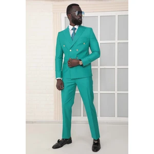 Dewsa Plus Sivri Yaka Metal Düğmeli Çift Yırtmaç Slim Fit Düz Açık Yeşil Kruvaze Takım Elbise