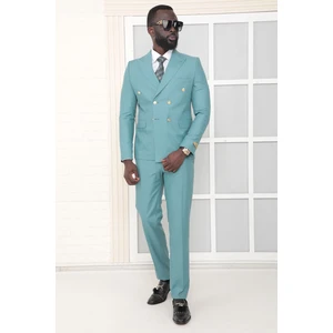 Dewsa Plus Sivri Yaka Metal Düğmeli Çift Yırtmaç Slim Fit Düz Mint Yeşili Kruvaze Takım Elbise