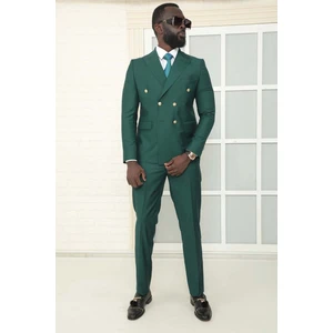 Dewsa Plus Sivri Yaka Metal Düğmeli Çift Yırtmaç Slim Fit Düz Koyu Yeşil Kruvaze Takım Elbise