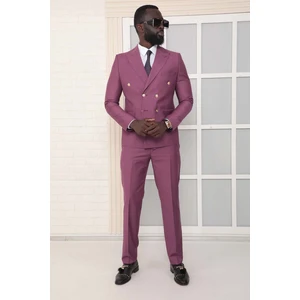 Dewsa Plus Sivri Yaka Metal Düğmeli Çift Yırtmaç Slim Fit Düz Mor Kruvaze Takım Elbise