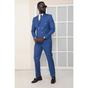 Dewsa Plus Sivri Yaka Metal Düğmeli Çift Yırtmaç Slim Fit Düz Mavi Kruvaze Takım Elbise