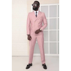 Dewsa Plus Sivri Yaka Metal Düğmeli Çift Yırtmaç Slim Fit Düz Pudra Kruvaze Takım Elbise