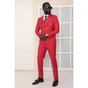 Dewsa Plus Sivri Yaka Metal Düğmeli Çift Yırtmaç Slim Fit Düz Kırmızı Kruvaze Takım Elbise