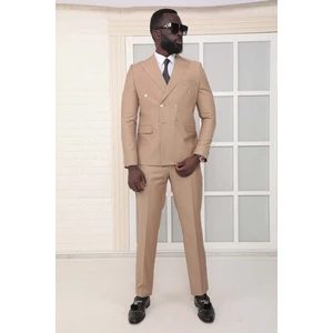 Dewsa Plus Sivri Yaka Metal Düğmeli Çift Yırtmaç Slim Fit Düz Koyu Bej Kruvaze Takım Elbise
