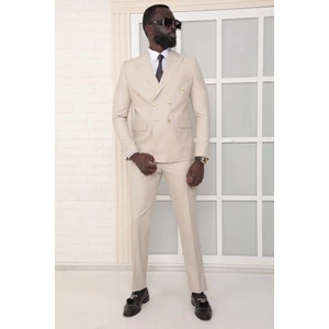 Dewsa Plus Sivri Yaka Metal Düğmeli Çift Yırtmaç Slim Fit Düz Bej Kruvaze Takım Elbise