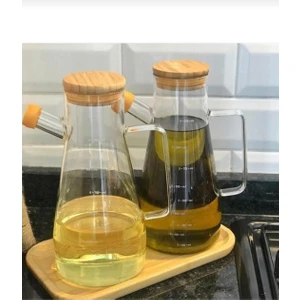 Kitchen Pembelia Bambu Standlı 2'li 900ML Borosilikat Cam 900ML Yağlık 3'lu Yağdanlık Set