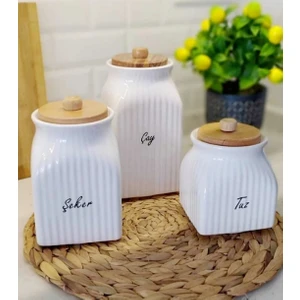 Kitchen Pembelia 3'lu Porselen Çay Şeker Tuz Saklama Kavanoz Seti 1000ML,750ML,500ML