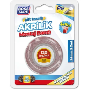 Boss Tape Şeffaf Çift Taraflı Akrilik Çok Güçlü Silikonize Bant 24mmx2mt