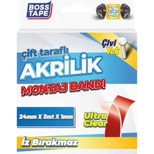 Boss Tape Çift Taraflı Bant Şeffaf Çok Güçlü Akrilik Silikon Montaj Bandı En:24mm Boy:3mt
