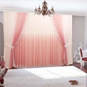 Degrade Renk Geçişli Pembe Etekleri Nakışlı İç Tül ve Fon Komple Takım Sık Pile Tül Perde