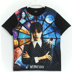 3D Baskılı Kız Çocuk Wednesday Addams T-Shirt Siyah