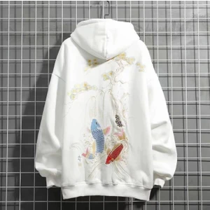 Amor Man Büyük Beden Kapüşonlu Koi Balığı Sırt Baskılı 3 Iplik %100 Pamuk Özel Tasarım Erkek Sweatshirt