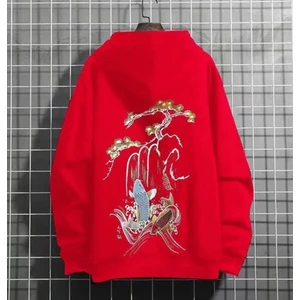 Amor Man Büyük Beden Kapüşonlu Koi Balığı Sırt Baskılı 3 Iplik %100 Pamuk Özel Tasarım Erkek Sweatshirt