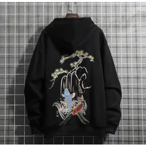Amor Man Büyük Beden Kapüşonlu Koi Balığı Sırt Baskılı 3 Iplik %100 Pamuk Özel Tasarım Erkek Sweatshirt