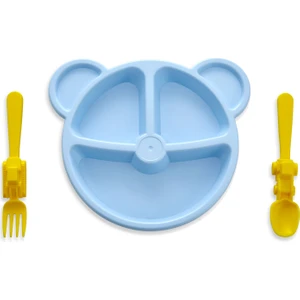 Alin Kitchen Alinkitchen  Mama ve Yemek Seti, Ayıcık Mavi Tabak, Sarı Çatal Kaşık,3lü Set