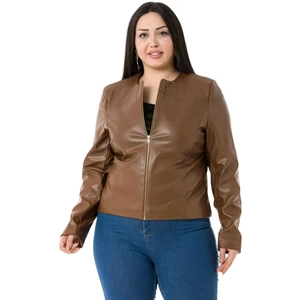 Disentis Modest Büyük Beden Fermuar Detaylı Astarlı Kahverengi Kısa Deri Mont