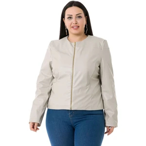 Disentis Modest Büyük Beden Fermuar Detaylı Astarlı Gri Kısa Deri Mont