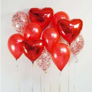 Best Parti Sevgililer Günü Kırmızı Konfetili Folyo Kalpli Balon Demeti