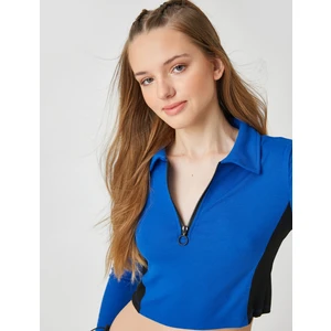 Uzun Kollu Tişört Crop Polo Yaka Yarım Fermuarlı