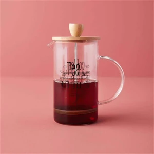 French Press Cam Çay Kahve Bitki Demliği 600 ml. Bambu