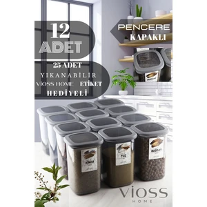 Vioss Home Vioss Home 12 Adet Bella Büyük Boy Erzak Saklama Kabı Seti  Etiketli Antrasit  - 1200 ml Süper Set