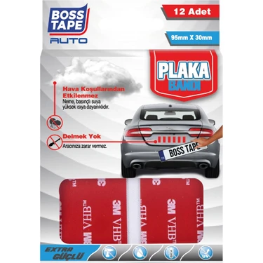 Boss Tape 3M Plaka Yapıştırma ve Montaj Bandı 12 Adet 95mm x 30mm Kolay Uygulama ve Dayanıklı