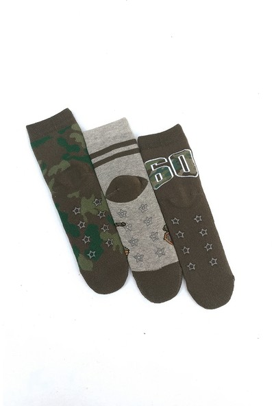 Mem Socks Memsocks 3'lü Kamuflaj-Tank Desenli Kaydırmaz Havlu Çocuk Çorabı