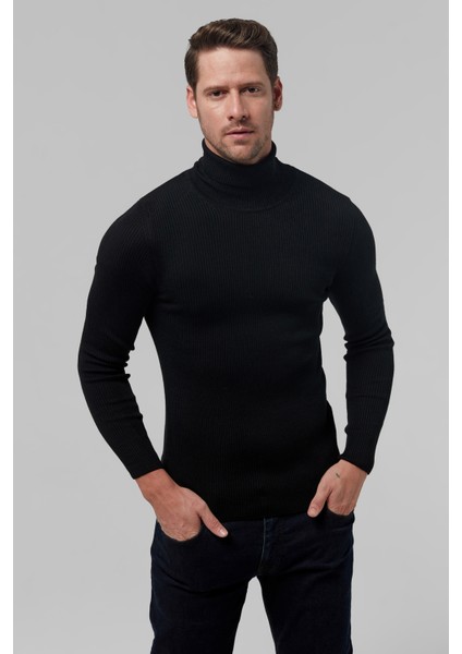 Slim Fit Siyah Rib Örgü Kazak 9EC060631764M