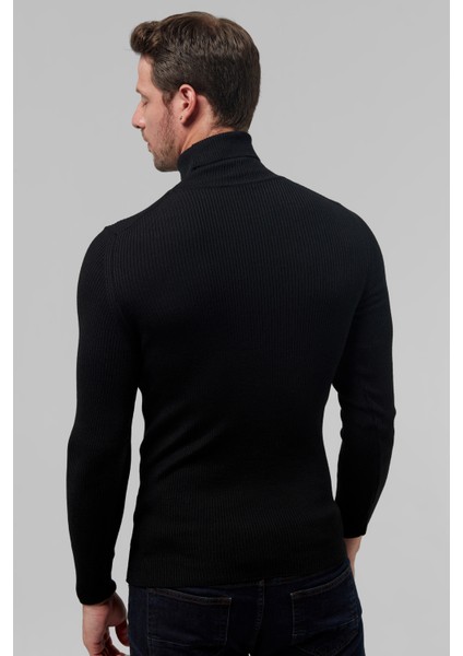 Slim Fit Siyah Rib Örgü Kazak 9EC060631764M