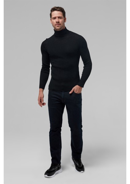 Slim Fit Siyah Rib Örgü Kazak 9EC060631764M