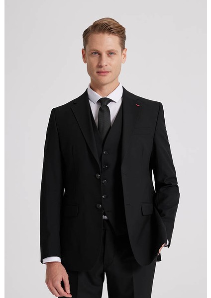 D'S Damat Slim Fit Siyah Mono Yaka Çift Yırtmaçlı Astarlı Takim Elbise Yelekli 4HFY5ORT01599