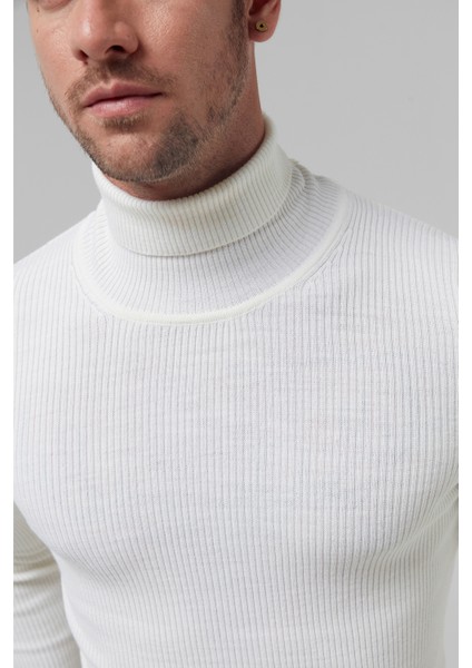 Slim Fit Ekru Rib Örgü Kazak 9EC060631764M