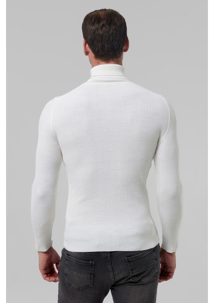 Slim Fit Ekru Rib Örgü Kazak 9EC060631764M