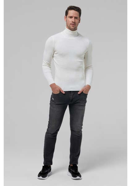 Slim Fit Ekru Rib Örgü Kazak 9EC060631764M
