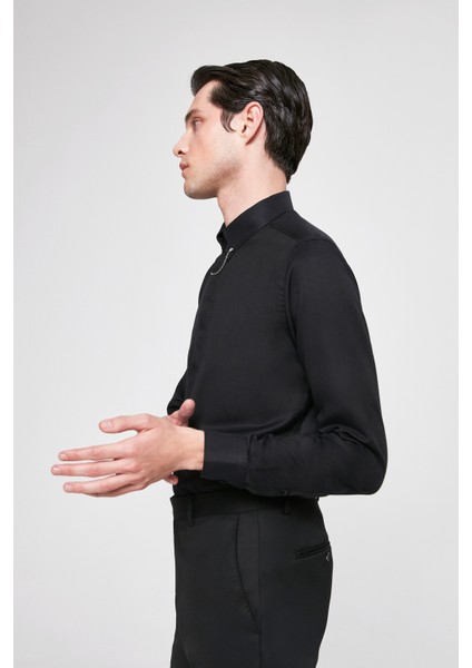 Slim Fit Siyah Armürlü Gömlek 8EF02EE38293D fiyatları