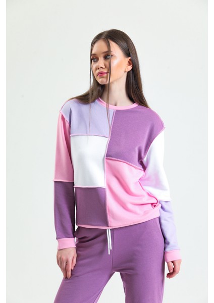 Pembe Parçalı Patchwork Sweatshirt