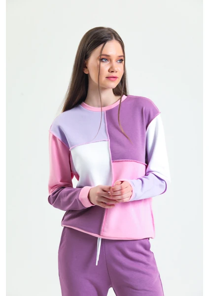 Pembe Parçalı Patchwork Sweatshirt