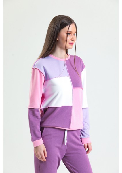 Pembe Parçalı Patchwork Sweatshirt