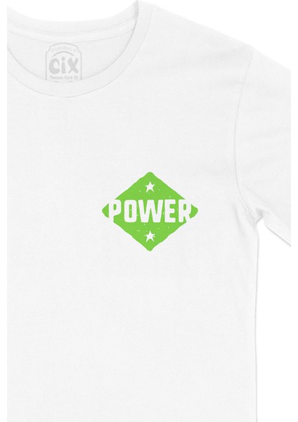 Yeşil Power Cep Logo Tasarımlı Beyaz Tişört
