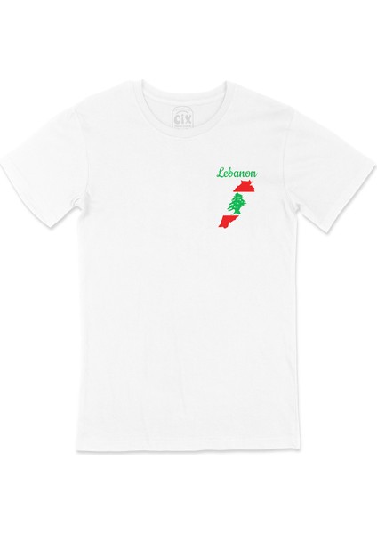 Lübnan Haritalı ve Bayraklı Cep Logo Tasarımlı Beyaz Tişört